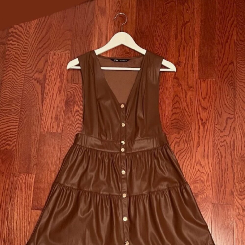 Zara Faux Leather Wrap Dress Brown Size Small New Without Tags